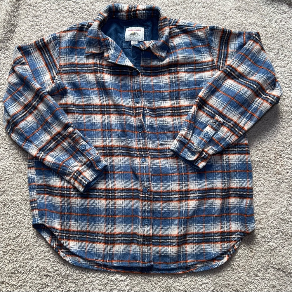 American Eagle Blue and Orange Plaid Button Up Top
